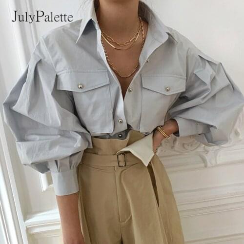 JulyPalette Casual Turn-down Collar Single-breasted Blouse Fashion Puff Sleeve Women Top Loose Safari Style Long Sleeve Top 2021