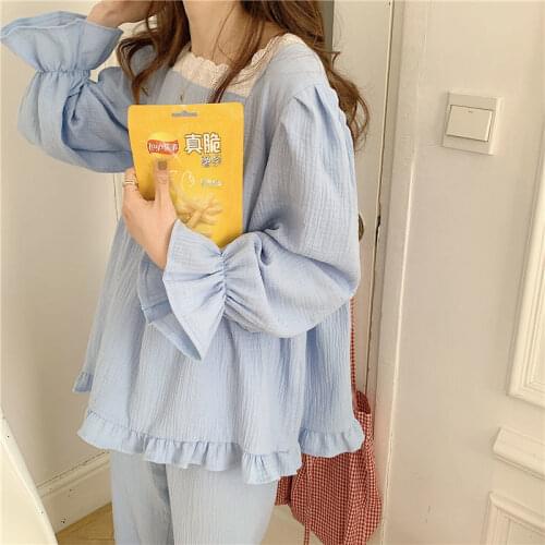 2 Pieces Korean Sleepwear Women Lace Pijama Autumn Pajamas for Girls Female Set Woman Pyjamas Long Sleeve Nightwear Suit