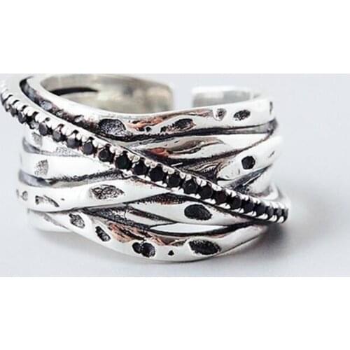 Sole Memory Retro Multi-layer Lines Winding Thai Silver Creative 925 Sterling Silver Female Resizable Opening Rings SRI385