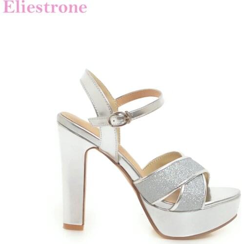 Brand New Elegant Silver Black Women Platform Bridal Sandals Vogue High Square Heels Lady Party Shoes AC752 Plus Big Size 10 43