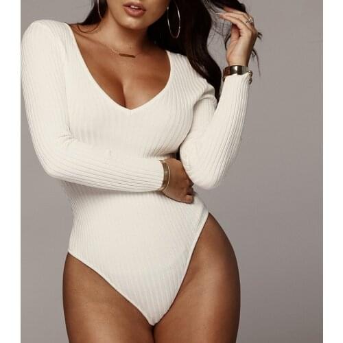 V-Neck Ribbed Bodysuit Solid Color Stretch High Waist Slim Womens Long Sleeve Top Sexy Jumpsuit Office Lady Autumn Dropshipping