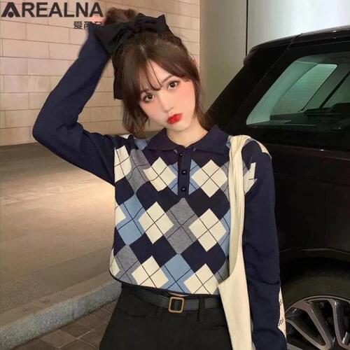 Vintage Geometric Rhombic Pullover Argyle Sweater Women Autumn Winter Long Sleeve Streetwear Pull Femme Elegant Knitted Sweaters