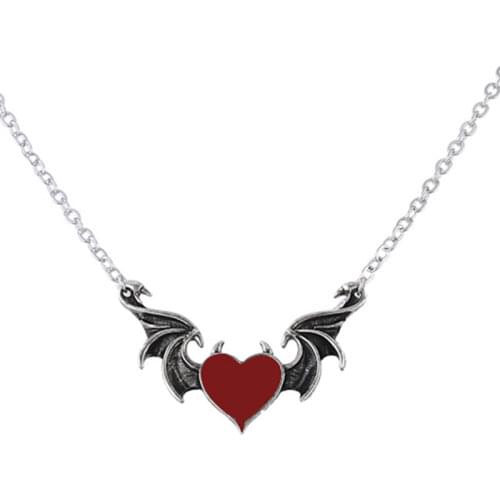 Gothic Punk Necklace Enamel Red Heart Devil Dragon Wings Pendant Statement Necklaces For Women Vintage Jewelry