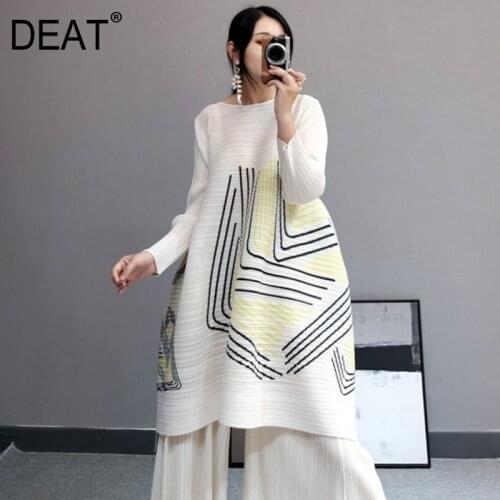 DEAT Woman Pleated Dress High Elastic Striped Print Round Collar Long Sleeve Loose Waist Pullover Casual 2021 New Summer AP516