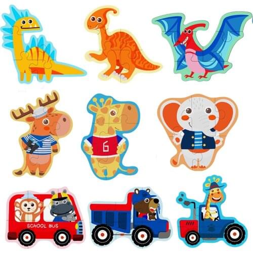 2PCS Jigsaw Puzzle Kids Toys Montessori Materials Educational Wooden Toys For Children Kawaii Catoon Animals Dinosaur Puzzles
