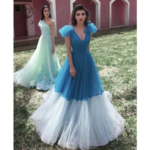 2020 Contrast Color Deep V Neck Pleated Cape Sleeve Fairy Floor Length Prom Dresses