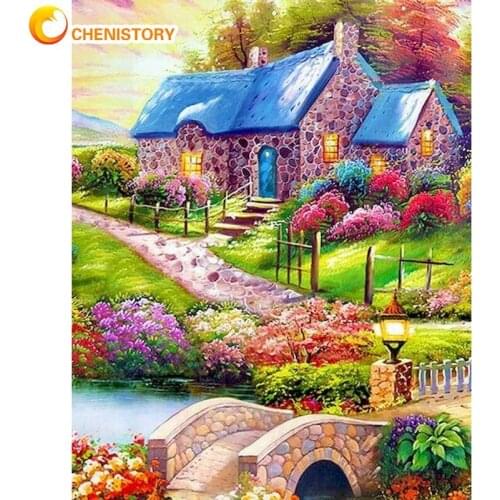 CHENISTORY Blue Roof Mountain House Oil Painting By Numbers Kits For Kids Handmade Modern Home Living Room Decoration Photo