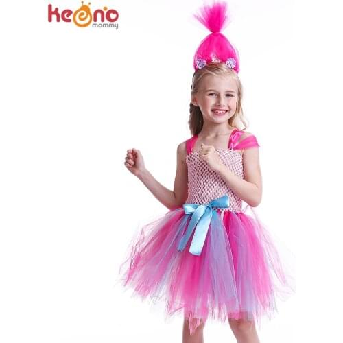 Girls Trolls Poppy Halloween Costume Hot Pink Kids Trolls Tutu Dress with Headband Children Birthday Party Princess Clothes