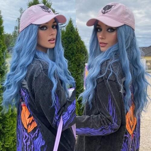 Long Blue Synthetic Hair Wigs Natural Wavy High Temperature Fiber Wigs for Black Women Cosplay Party Daily Wigs With Bangs