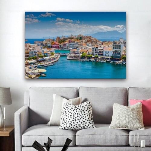 Greece summer seascape mediterranean sea city scenery living room decor home art decoration wood frame fabric poster