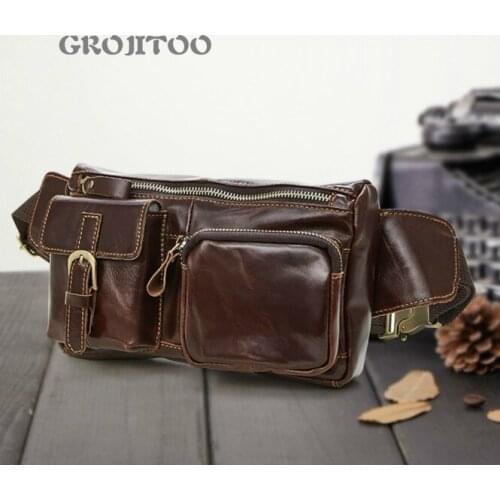 GROJITOO Multi functional mens waist bag leisure outdoor fashion crossbar mobile phone chest bag top layer leather bag for man
