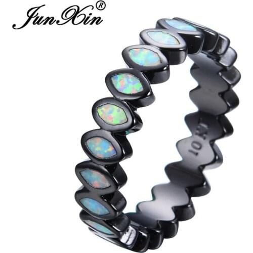 JUNXIN Female Male Single Row Thin Rings For Women White Gold Black Gold Filled Minimalist Round Heart Blue White Fire Opal Ring