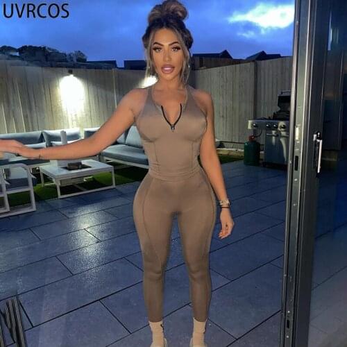 UVRCOS Two Piece Sets Chest Zipper Sleeveless Crop Top And Leggings Pencil Pants Fitness Skinny Slim Overalls Sports Wear Suits