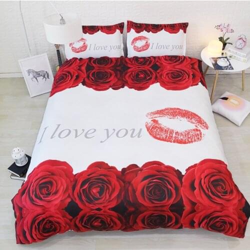 3pcs flowers bed set single queen super king size bedding sets duvet covers white fabric with floral red roses sheets