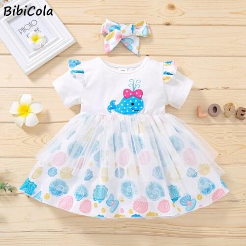 Summer Baby Girl Dress Princess+ Headband Mesh Dresses Cute Shark Blue Newborn Fashion Girls Dresses Holiday Clothes 0-18M