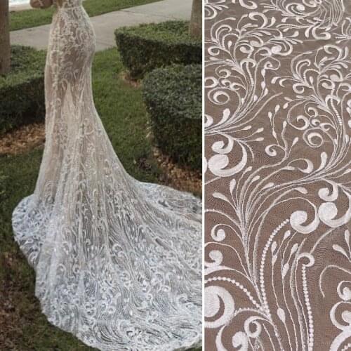 LFY Latest Off White Clear Sequins Tulle Embroidery Bridal Wedding Dress Gown Lace Fabric DIY Sew French Lace Fabric