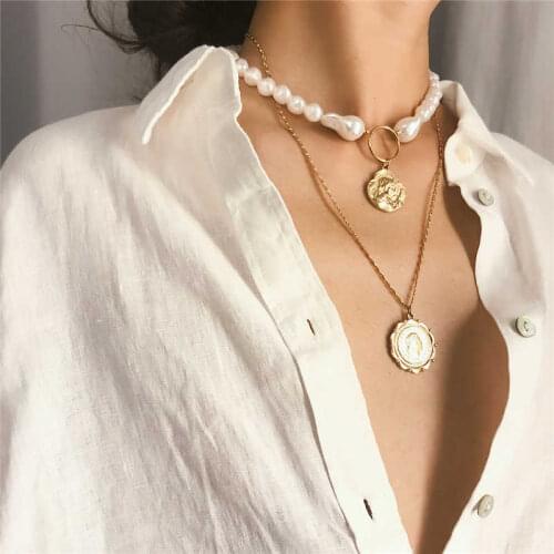 Punk Multi Layered Pearl Choker Necklace Collar Statement Virgin Mary Coin Crystal Pendant Necklace Women Jewelry