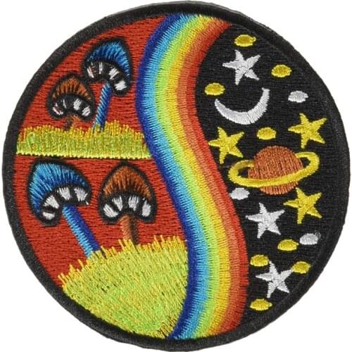 Mushroom With Starry Sky Rainbow Embroidered Retro Style Patches Custom Iron on Badges Appliques Clothing Hats Bags Accessories