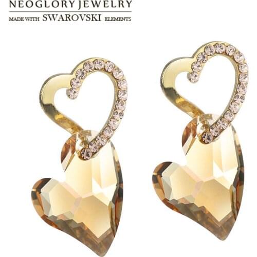 Neoglory Austria Crystal & Czech Rhinestone Long Drop Earrings Love Heart Shaped Romantic Light Yellow Gold Color For Lady Party