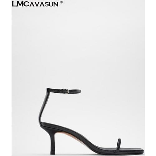 LMCAVASUN 2020 summer new Black minimalism High-heeled sheep leather sandals Womens word belt mid-heel womens shoes