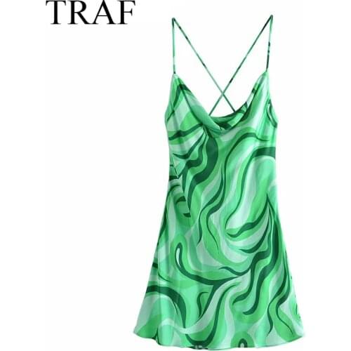 TRAF ZA Womens Clothing Dress Summer Chic Cross Spaghetti Straps Sexy Green Backless Party Dresses Draped Neckline Club Dress