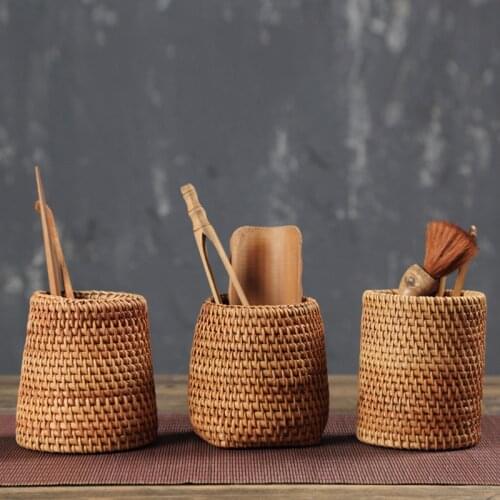 Rattan Tea Set Chopsticks Tube Hand-woven Spoons Bucket Dinner Knives Forks Tableware Bamboo Home Storage Baskets Organizer