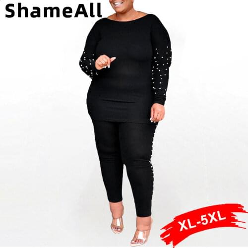 Plus Size Pearl Beading Long Sleeve Sportswear Tracksuits 4XL 2 Two Pieces Suits Club Outfits Sweatshirt Sweatpant Matching Set