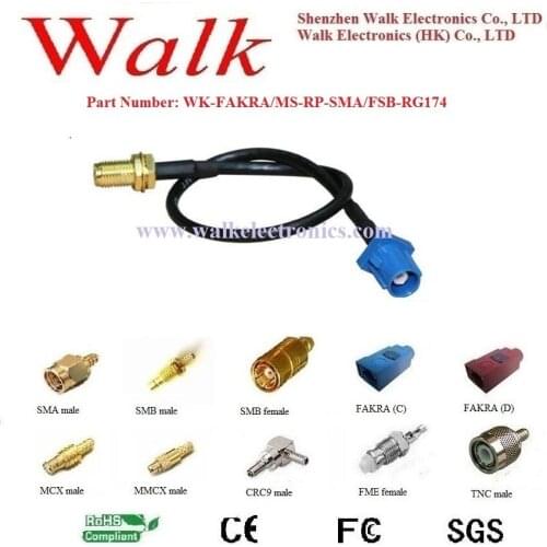 RF cable assembly: FAKRA male straight to RP-SMA female straight bulkhead with RG174 cable