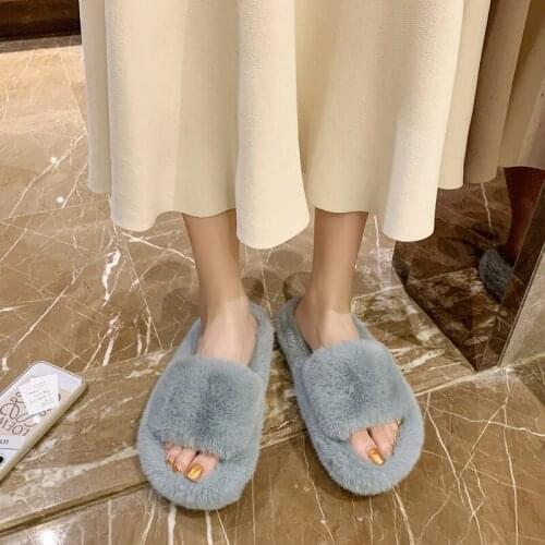Faux Fur Home Slippers Fluffy Women Slides Comfort Furry Flat Sandals Female Cute Slippers Shoes For Woman Indoor Flip Flops