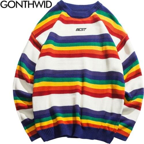 GONTHWID Harajuku Rainbow Striped Knitted Pullover Sweaters Men Hip Hop Patchwork Streetwear 2019 Male Fashion O-Neck Sweater