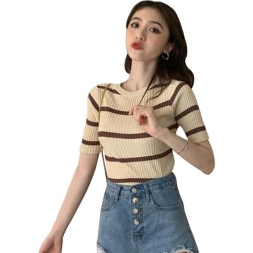 Women Striped T-Shirt Casual O-Neck Backless Sexy Slim Knitted Short Sleeve Casual Korean Style Slim Top
