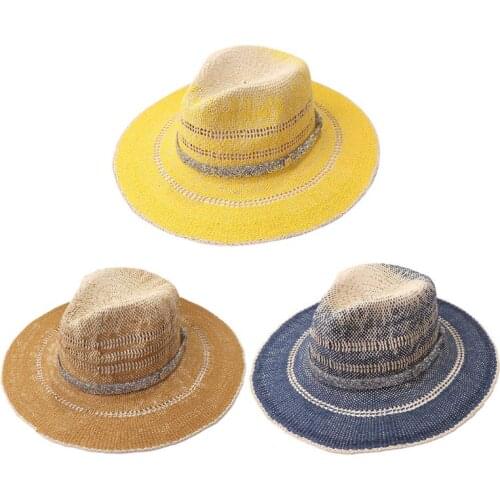 Women Straw Panama Fedora Sun Hat Gradient Rhinestone Chain Sunscreen Beach Cap F3MF