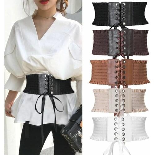Womens Lady Stretch Buckle Waist Belt Wide Lace Leather stitching cross strap elastic Corset Waistband