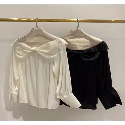 Tops Fashion Designer Blouse 2021 Summer Korean Tops Women Vintage Runway Bow Slash Neck Long Sleeve Casual Pure Silk Blouses