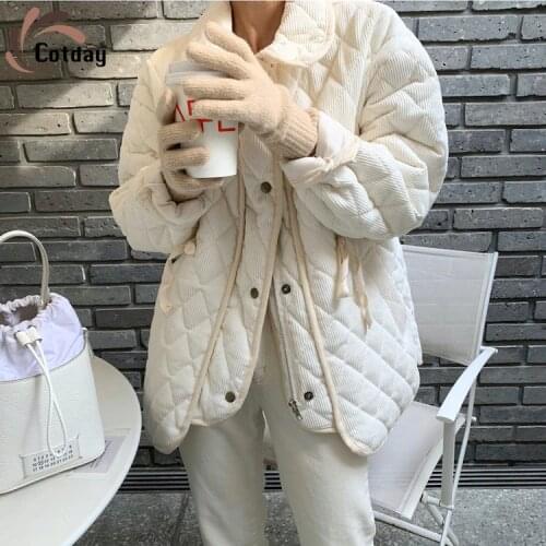 Cotday Women Winter New Super Warm Corduroy Fabric Vintage Turn-down Collar Ribbon Decoration Drawstring Adjustable Parka Coat