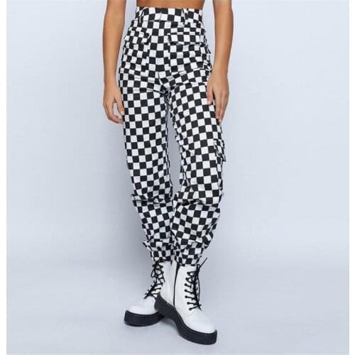 2020 Women Fashion High Waist Plaid Pants Hip Hop Joggers Loose Pants Checkerboard Pantalon with Chain Female Plaid Trousers