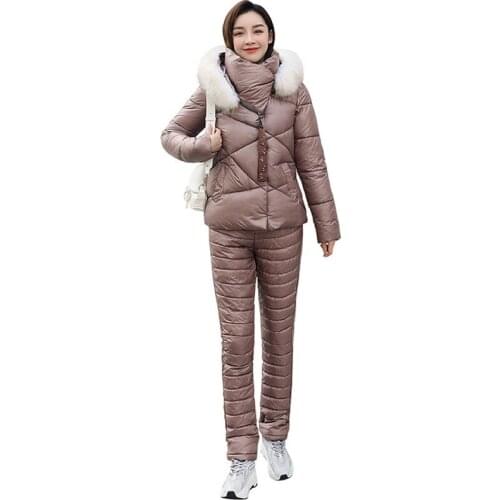 Womens Fur Collar Cotton Suit Winter New 2021 Korean Fashion Two-Piece Set Slim Warm Trousers Women Jacket Thick Hooded Coat