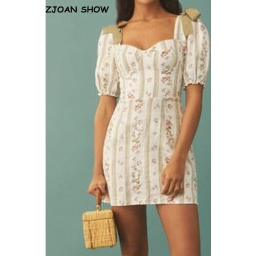 2021 Summer Retro Lacing up Ribbon Square Collar Striped Floral Print Short Dress Puff Sleeve Women Elastic Ruched Holiday Robe