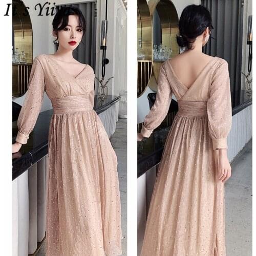 Its Yiiya Dress Prom Backless V-Neck Sequined Long Sleeve Vestidos De Gala Ruched Tea-Length A-Line Prom Dresses 2019 LF193