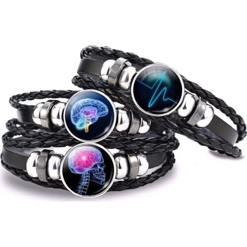 1Pcs Brain Skull Black Leather Bracelets Fashion ECG Heart Anatomy Glass Cabochon Jewelry Bracelet Bangle Doctor Creative Gifts