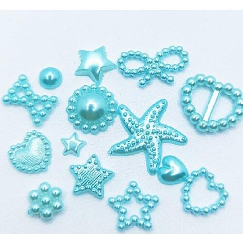 100pcs Blue ABS Resin Half Round flower Bow Alien Pearls For Art Flatback Non Hotfix Rhinestones Pearl Shoes Beads DIY Phone