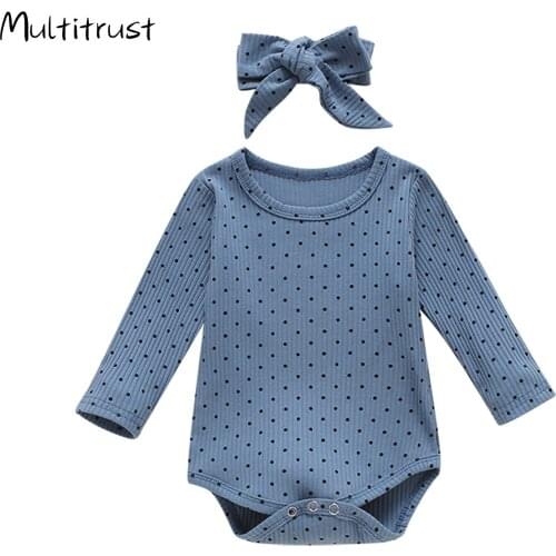 0-24M Toddler Bodysuits Fall Top Headband Long Sleeve Crotch Buttons Home Sleeping Polka Dot Printed Bodysuit 2PCS
