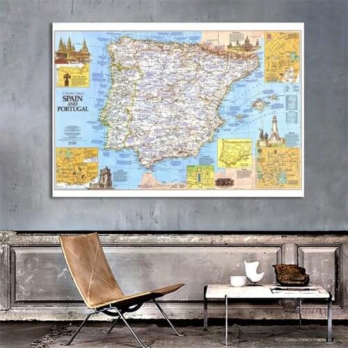 225*150cm The 1984 Year Retro Map Spain and Portugal Map Non-woven Canvas Painting Wall Art Poster Home Decor Enducation Prints