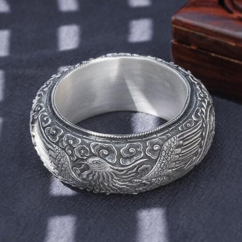 235g heavy solid 999 Sterling Silver Handmade dragon & phoenix Bangle Cuff Bracelet For Women Mom gift Vintage Jewelry A5165