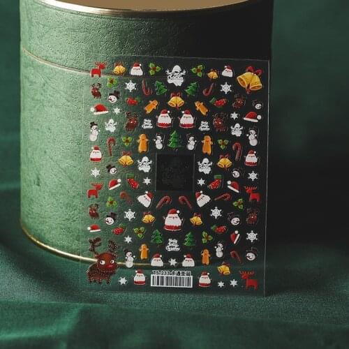 5D Christmas Nails Stickers Christmas Elk Frosted Thin Transparent Relief Red Colorful Bells Tree Nail Art Decorations Decals