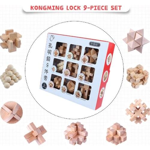9pcs/set Iq Brain Teaser Kong Ming Lock Lu Ban Lock 3d Wooden Toys For Kids Montessori Educational Puzzles Children Game Gift