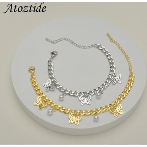 Atoztide New Butterfly Pearl NK Chain Bracelet Stainless Steel Adjustable Bangles For Women Girls Birthday Jewelry Gift
