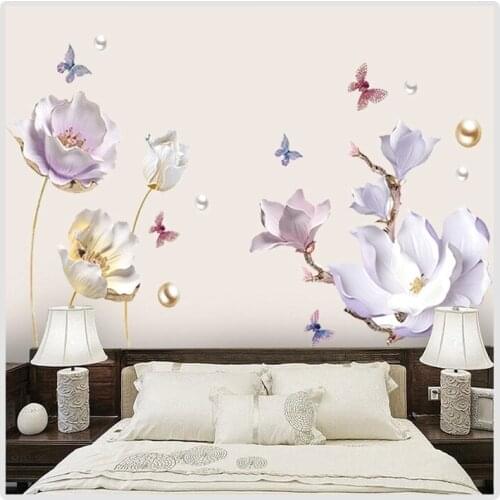 COVPAW Wall Stickers Tulip Magnolia Living Room Decorations Wallpaper Home Decor Wall Decals Bedroom Removable Mural Poster