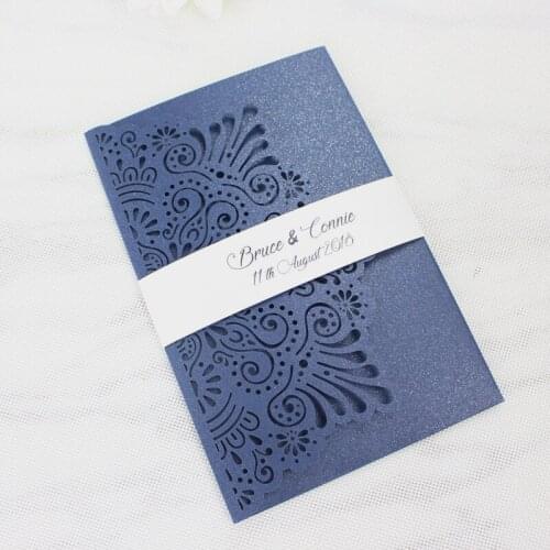 Rustic marriage invitation card with belly band RSVP card navy blue customized printing tri-folding pocket weeding cards