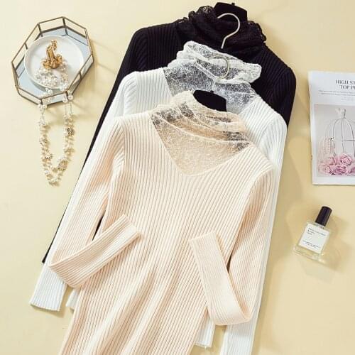 Lace Long Sleeve Pullover Sweater Female Turtleneck Sweater Women 2021 Slim Patchwork Autumn Winter Elasticity Knitted Sweater